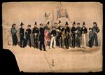 GFD 1/222: Fünfzehn uniformierte Personen, jeder mit einem anderen Rang in der Royal Navy, auf dem Deck eines Schiffes (kolorierte Lithografie, um 1859)