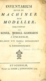 GFD 3/287: Titelblatt des Inventars von Polhems mechanischem Alphabet, publiziert von Jonas Norberg im Jahr 1779