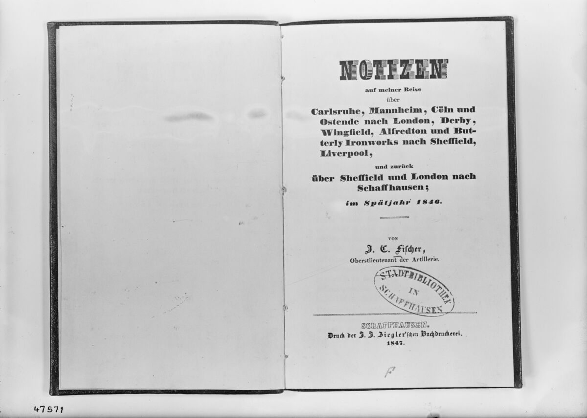 GFA 16/47571: Titelblatt "Notizen auf einer Reise über Carlsruhe etc. nach Sheffield, Liverpool, Ausstellung London", 1847
