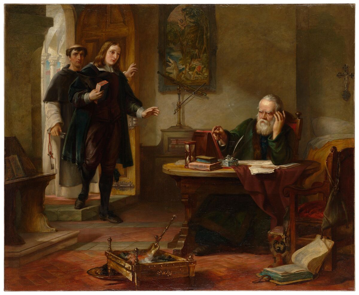 GFD 1/112: John Milton besucht Galileo Galilei, Gefangener der Inquisition (Gemälde von Solomon Alexander Hart, 1847)