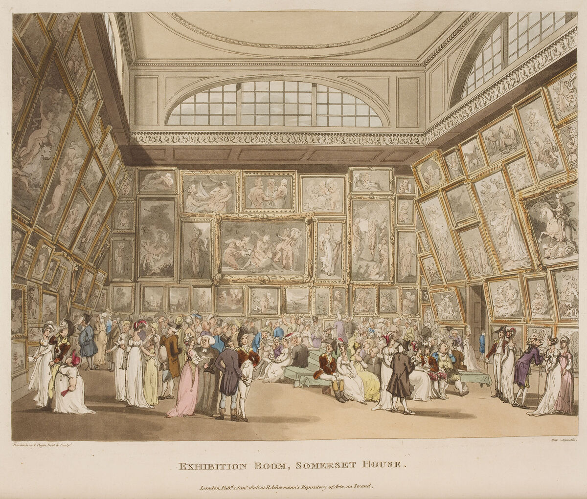GFD 1/188: Ausstellungsraum der Royal Academy of Arts (Stich von Augustus Pugin nach Thomas Rowlandson koloriert von Hill, um 1808–1810)