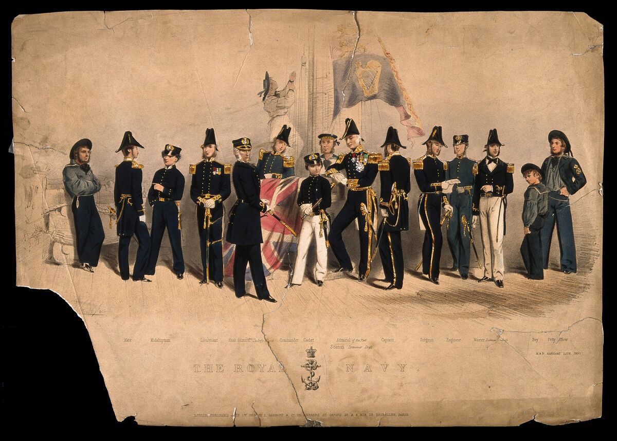 GFD 1/222: Fünfzehn uniformierte Personen, jeder mit einem anderen Rang in der Royal Navy, auf dem Deck eines Schiffes (kolorierte Lithografie, um 1859)