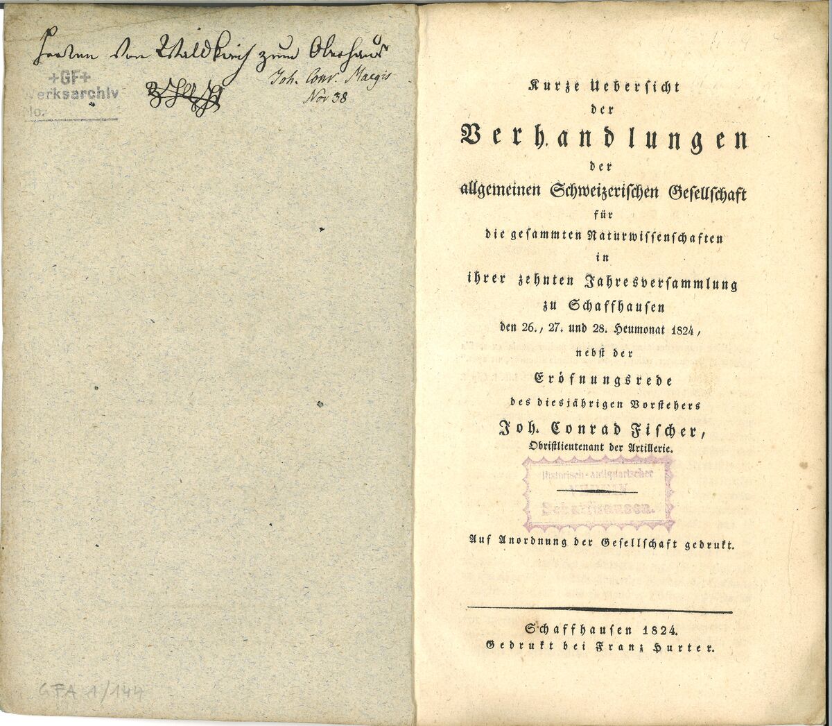 GFD 1/50: Titelblatt der Publikation zur Jahresversammlung der «Allgemeinen Schweizerischen Gesellschaft für die Gesammten Naturwissenschaften» unter dem Vorsitz von Johann Conrad Fischer, 1824