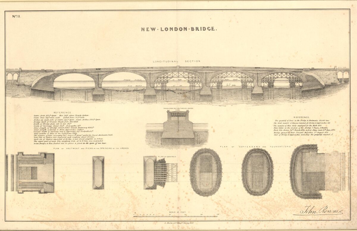 GFD 2/102: Plan der neuen London Bridge, erbaut 1824–1831 (Zeichnung des Ingenieurs John Rennie, um 1830)