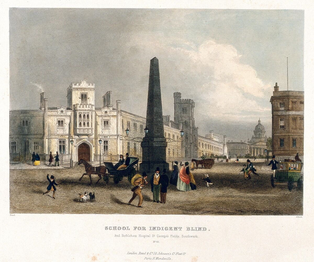 GFD 2/112: Die Blindenschule in Southwark mit dem Bedlam Hospital im Hintergrund (Zeichnung von W. E. Albutt und John Newman, um 1838–1862)