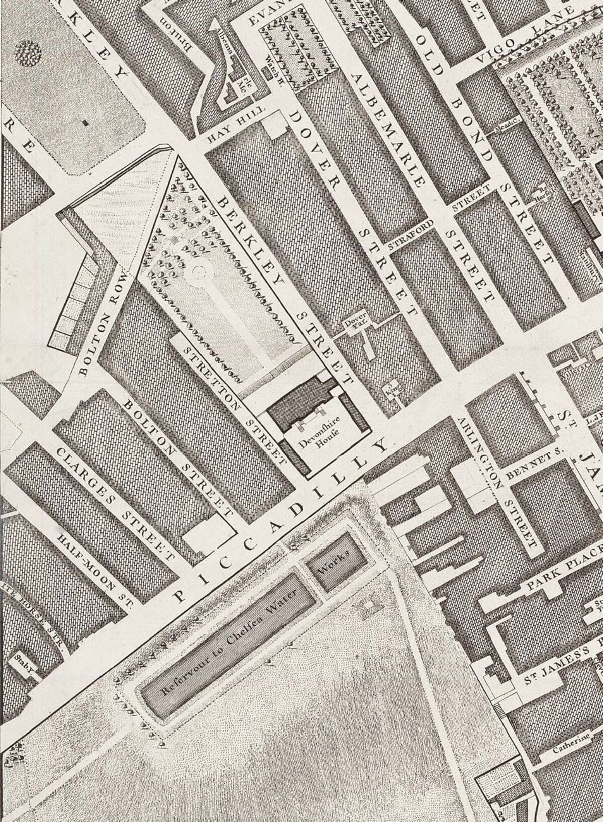 GFD 2/154: Clarges Street (Ausschnitt aus der Karte von London von John Rocque, 1746)