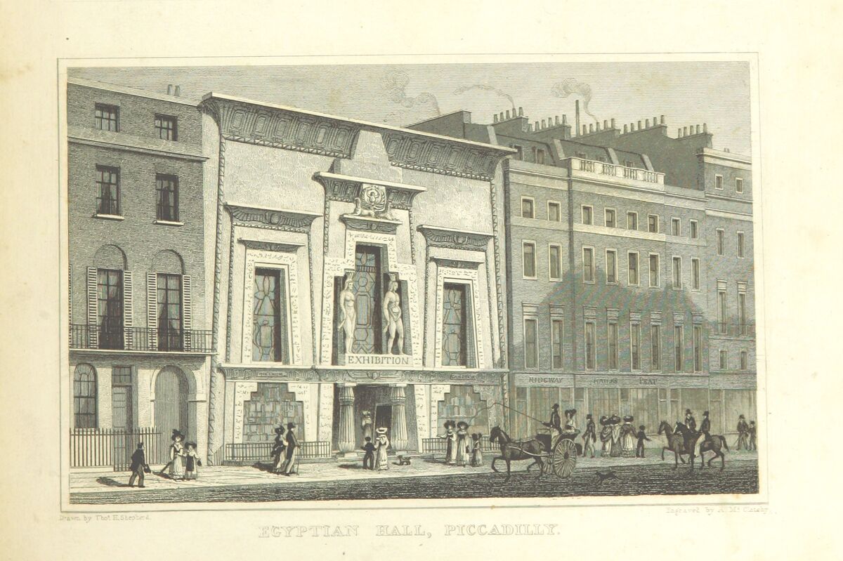 GFD 2/162: Egyptian Hall in Piccadilly (Stich von A. M. Clatchy nach einer Zeichnung von T. Shepherd, 1828)