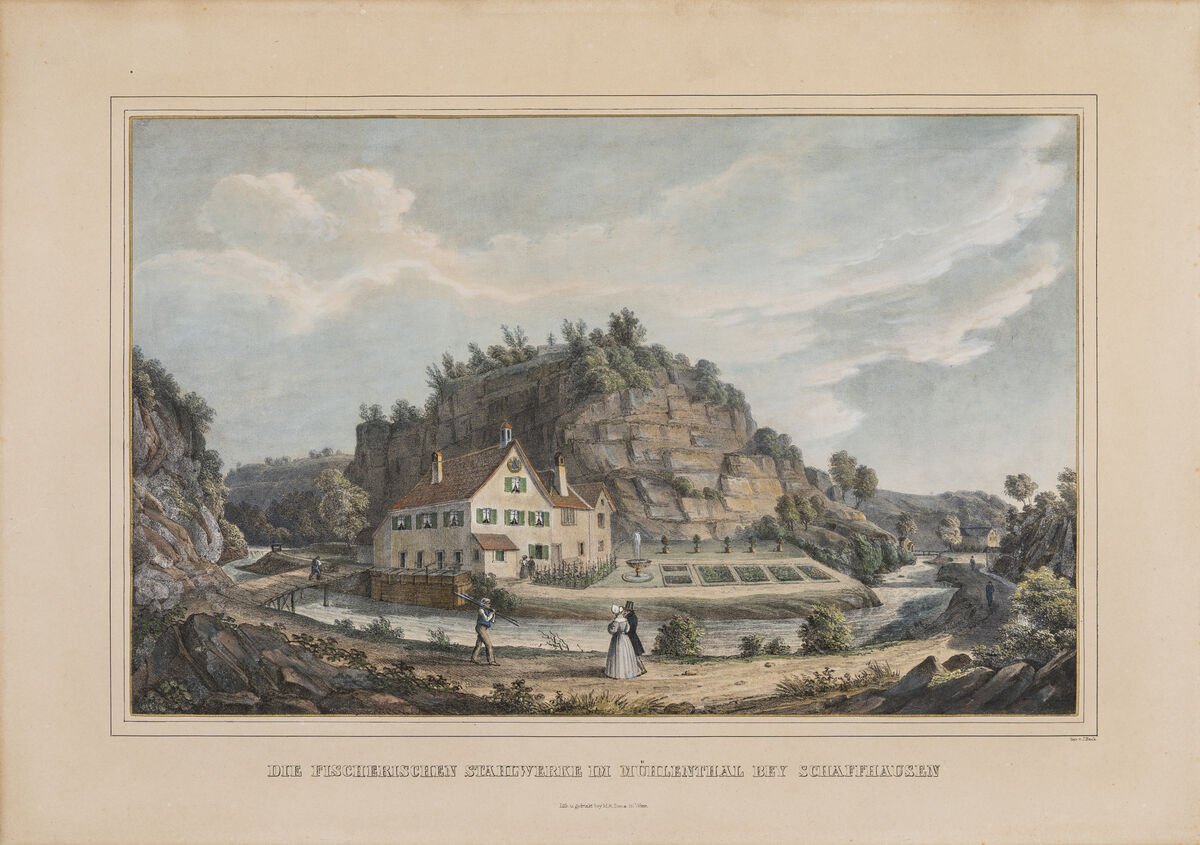 GFD 2/164: Fischers Stahlwerke im Mühlental (Kupferstich von Johann Jacob Beck, um 1835–1840)