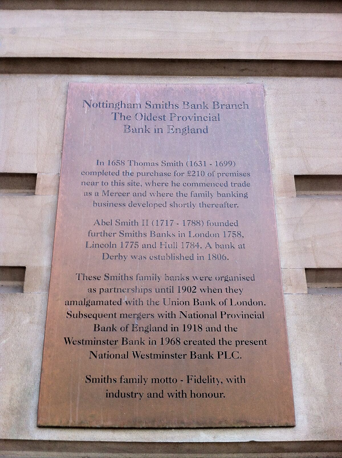 GFD 2/170: Gedenktafel der Smithʼs Bank in Nottingham, undatiert