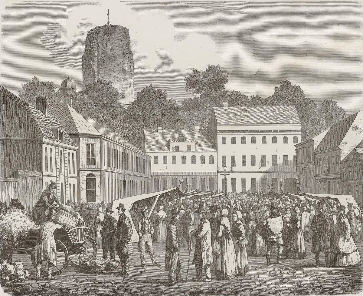 GFD 2/186: Der Burgturm Kärnan über dem Marktplatz von Helsingborg (Illustration, Künstler unbekannt, 1868)