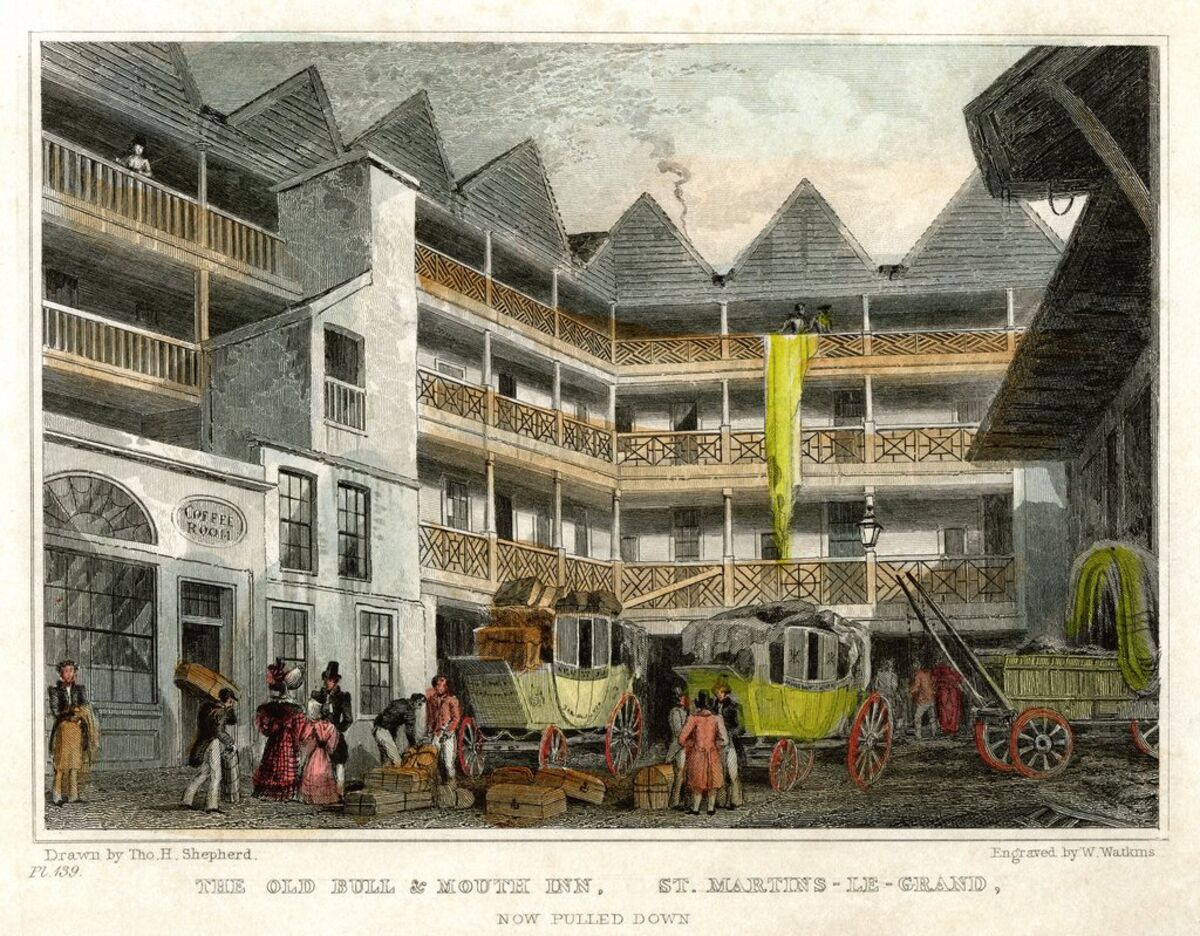 GFD 2/221: The Old Bull and Mouth Inn (Druck von W. Watkins nach Zeichnung von Thomas H. Shepherd, 1831)