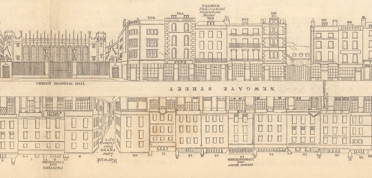 GFD 2/225: Eisenwarengeschäft Fenn, Nr. 105 Newgate Street (Strassenansicht von John Tallis, um 1840)