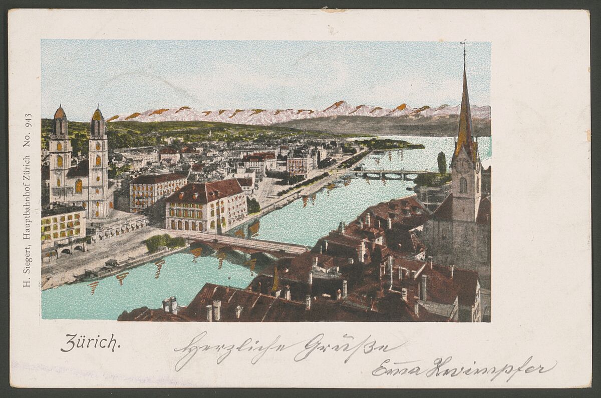 GFD 2/247: Ansicht von Zürich mit Grossmünster, Fraumünster und Blick zu den Alpen (Postkarte, um 1899)