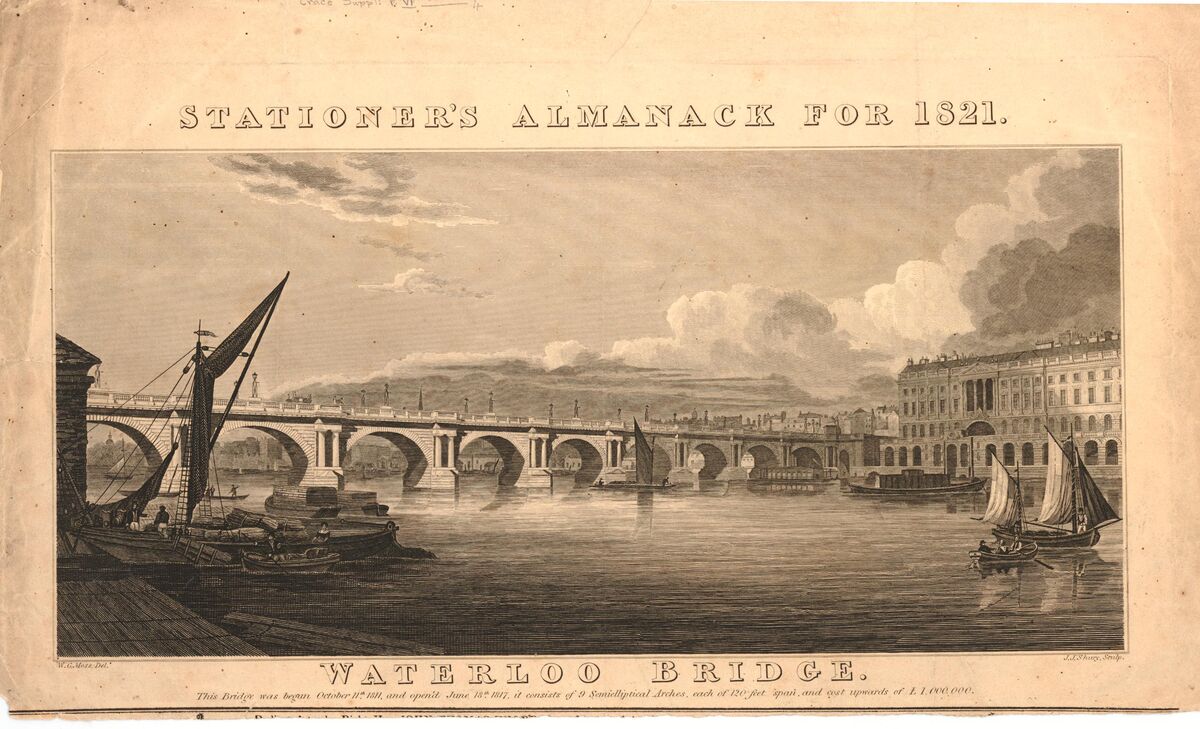 GFD 2/250: Waterloo Bridge, erbaut 1811–1817 (Stich von John Shury nach W. G. Moss, 1821)