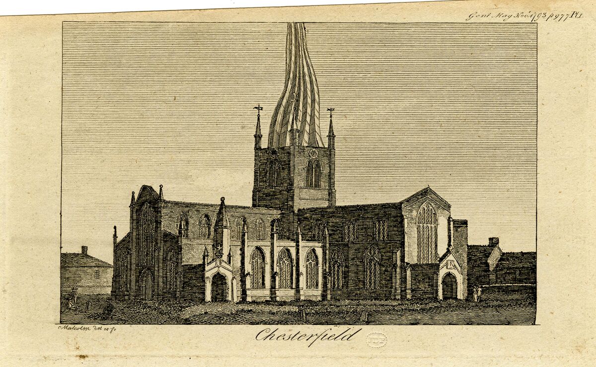 GFD 2/256: Kirche St Mary and All Saints in Chesterfield mit ihrem gekrümmten Kirchturm (Illustration in «Gentleman’s Magazine», 1793)