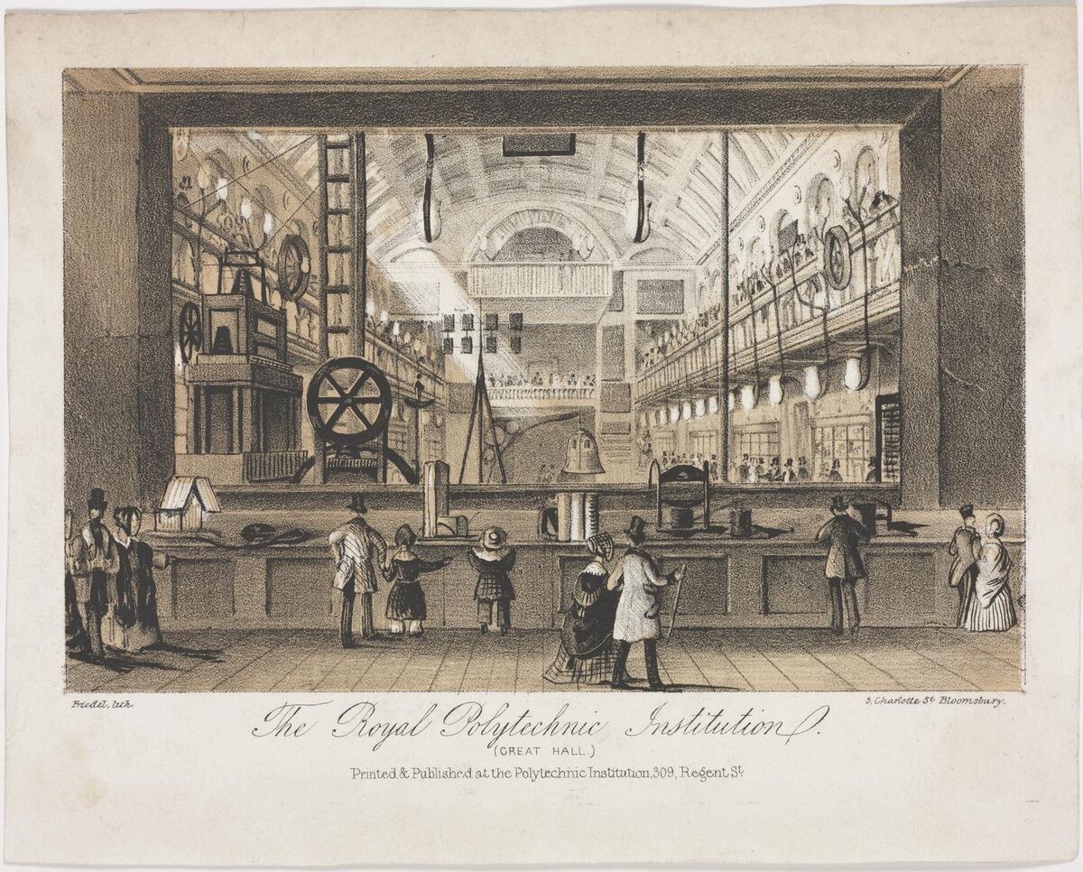 GFD 2/267: Blick in die «Grosse Halle» der Royal Polytechnic Institution (Stich von Friedel, ca. 1838)