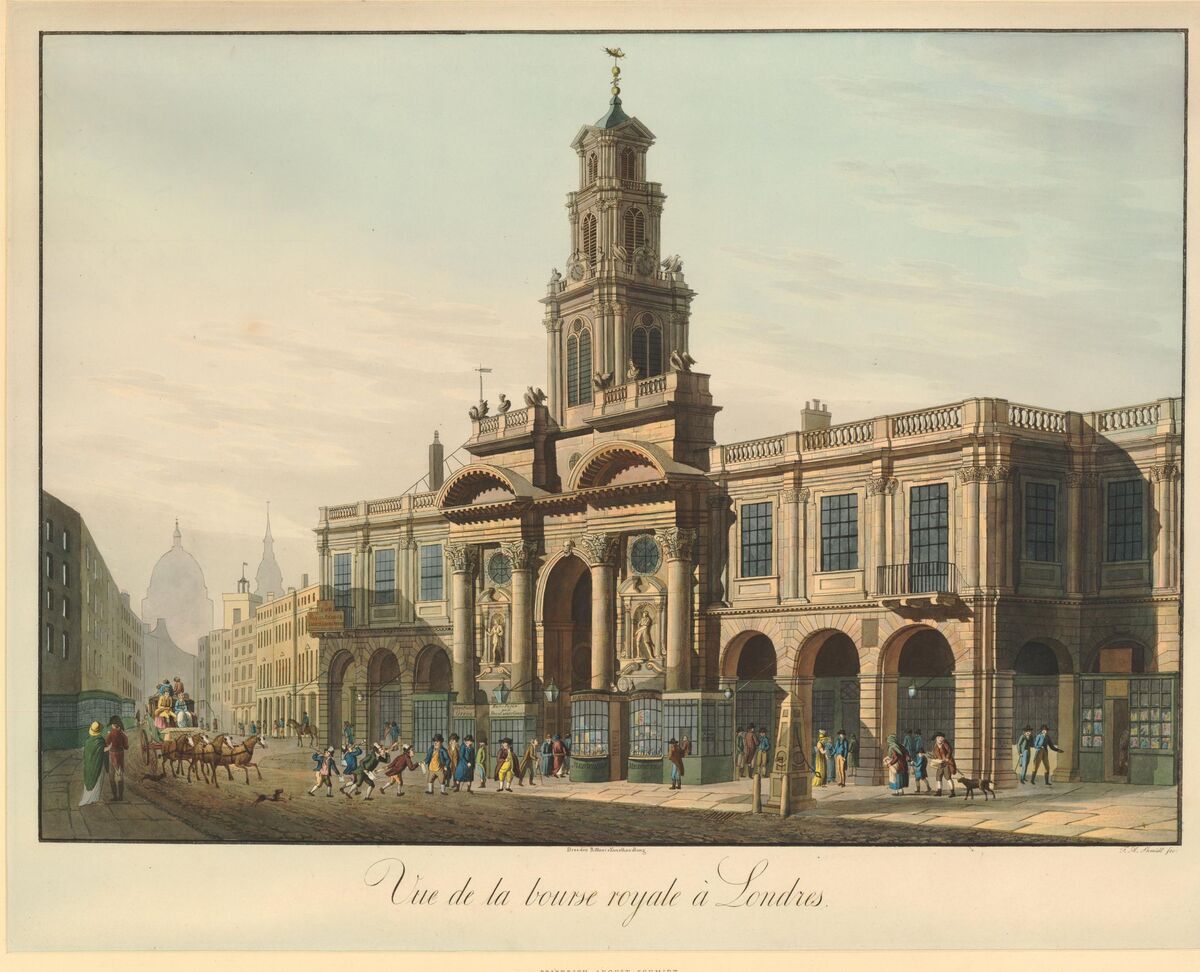 GFD 2/273: Geschäftiges Treiben um die Royal Exchange vor dem Brand 1838 (Radierung von Friedrich August Schmidt, um 1830–1838)