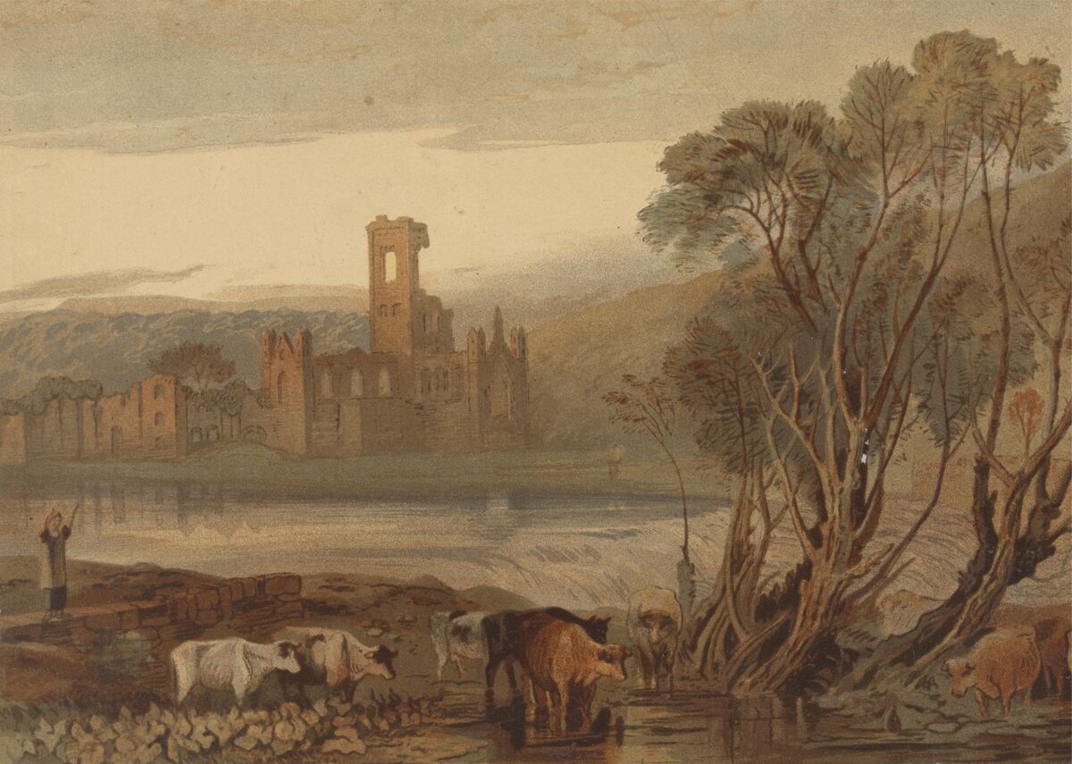 GFD 2/274: Der Fluss Aire bei der Ruine der Kirkstall Abbey (Chromolithografie nach einer Zeichnung von Joseph Mallord William Turner, 1855)