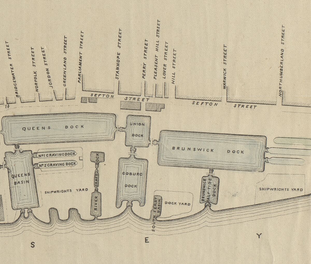 GFD 2/277: Das Union Dock, der Standort der Ankerschmiede Betteley & Roberts am Liverpooler Hafen (Ausschnitt aus dem Plan von Jesse Hartley, 1846)