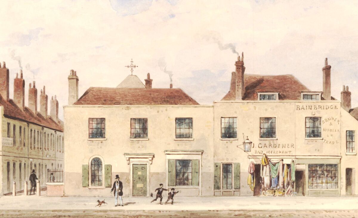 GFD 2/279: Ansicht der Häuser gegenüber dem Armenhaus in der Crown Street (Aquarell von Thomas Hosmer Shepherd, 1854)