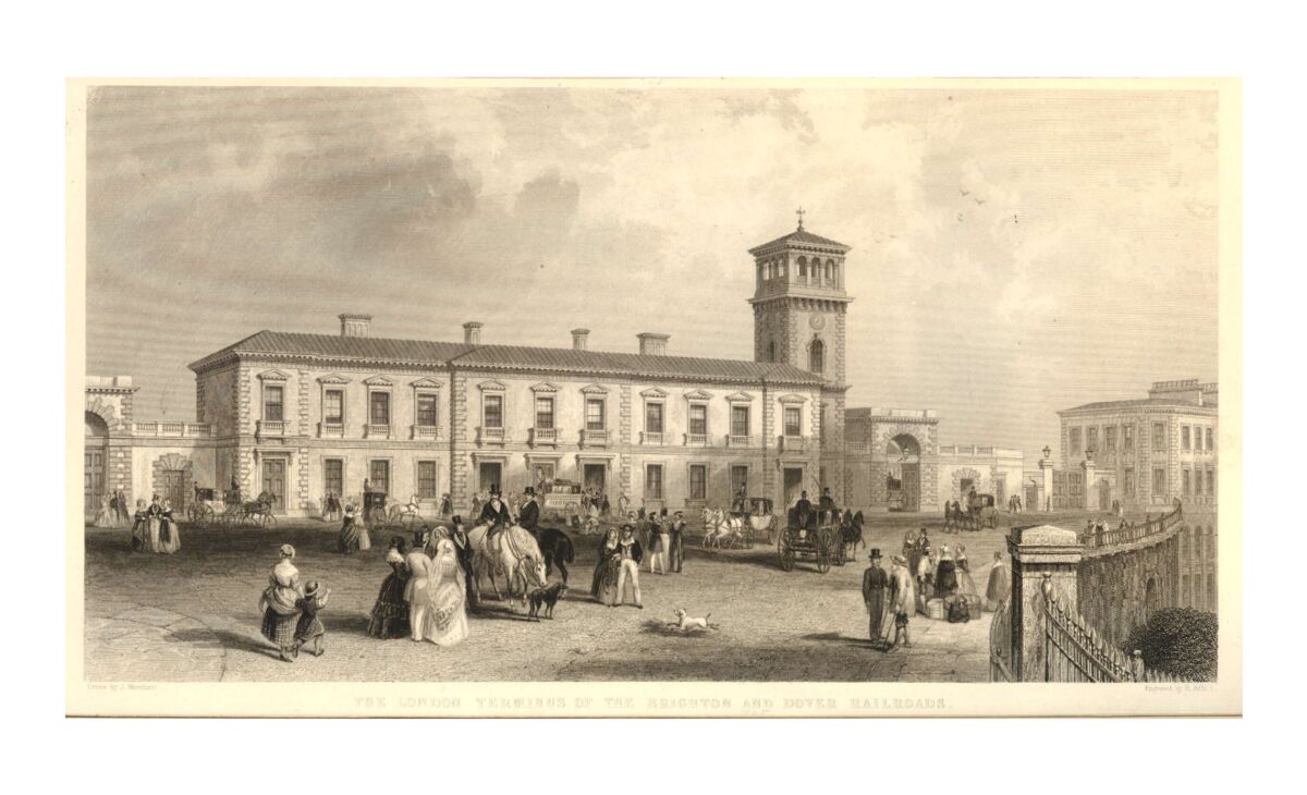 GFD 2/280: Elegantly dressed people on horseback, in carriages and wagons in front of London Bridge station (copperplate engraving by Henry Adlard, 1845)