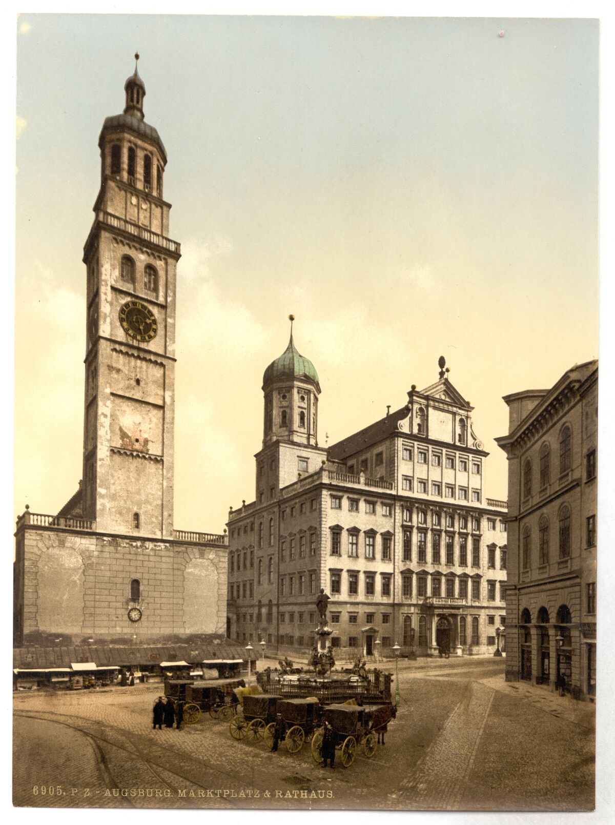 GFD 2/281: Die Augsburger Altstadt mit Blick auf den Marktplatz und das Rathaus (Fotochromdruck von Detroit Publishing Co., um 1890–1900)