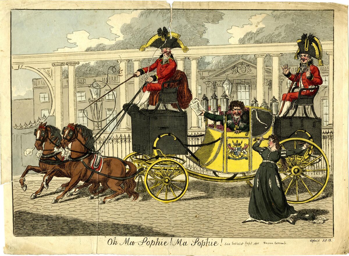 GFD 2/287: Satirische Darstellung der Deportation des Barons Ferdinand de Geramb (handkolorierter Kupferstich von Charles Williams, 1812)