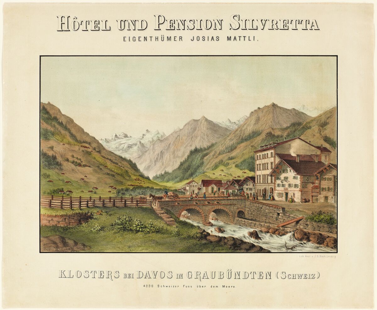 GFD 2/298: Blick von Klosters auf die Gebirgsgruppe Silvretta im Kanton Graubünden (Chromolithografie von J. G. Bach, 1870)