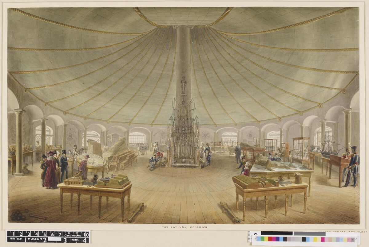 GFD 2/301: Besucher begutachten die ausgestellten militärischen Modelle in der Rotunda des Royal Military Repository in Woolwich (Aquarellzeichnung von George Scharf, 1828)