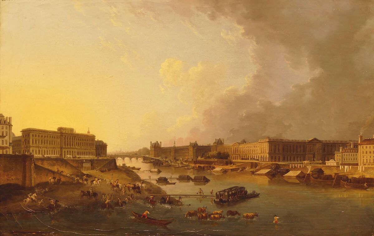 GFD 2/34: Ansicht von Paris mit dem Hôtel de la Monnaie links und dem Louvre rechts der Seine (Gemälde von Pierre-Antoine Demachy, 1783)