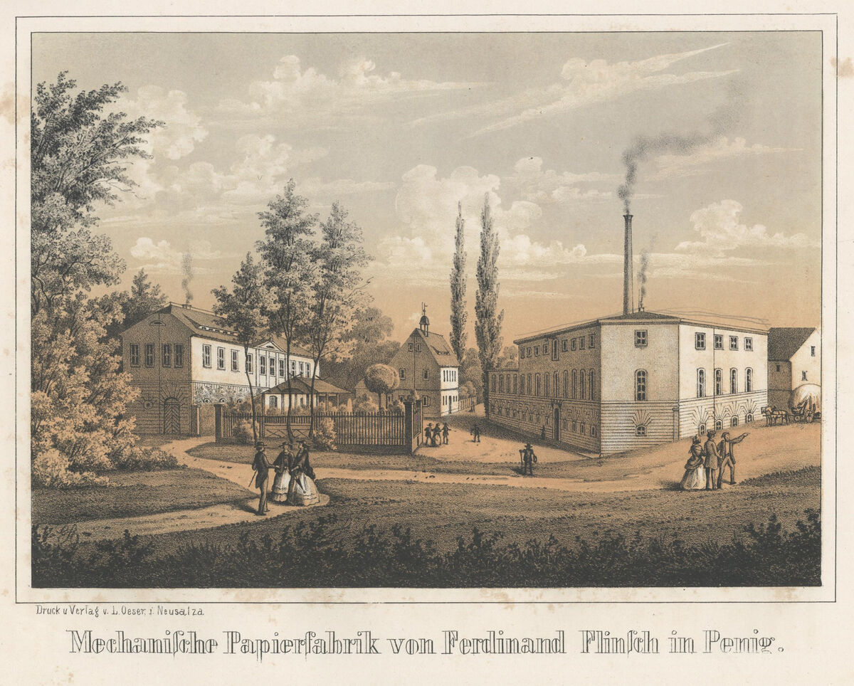 GFD 2/8: Mechanische Papierfabrik von Ferdinand Flinsch in Penig (Postkarte von Louis Oeser, 1856)