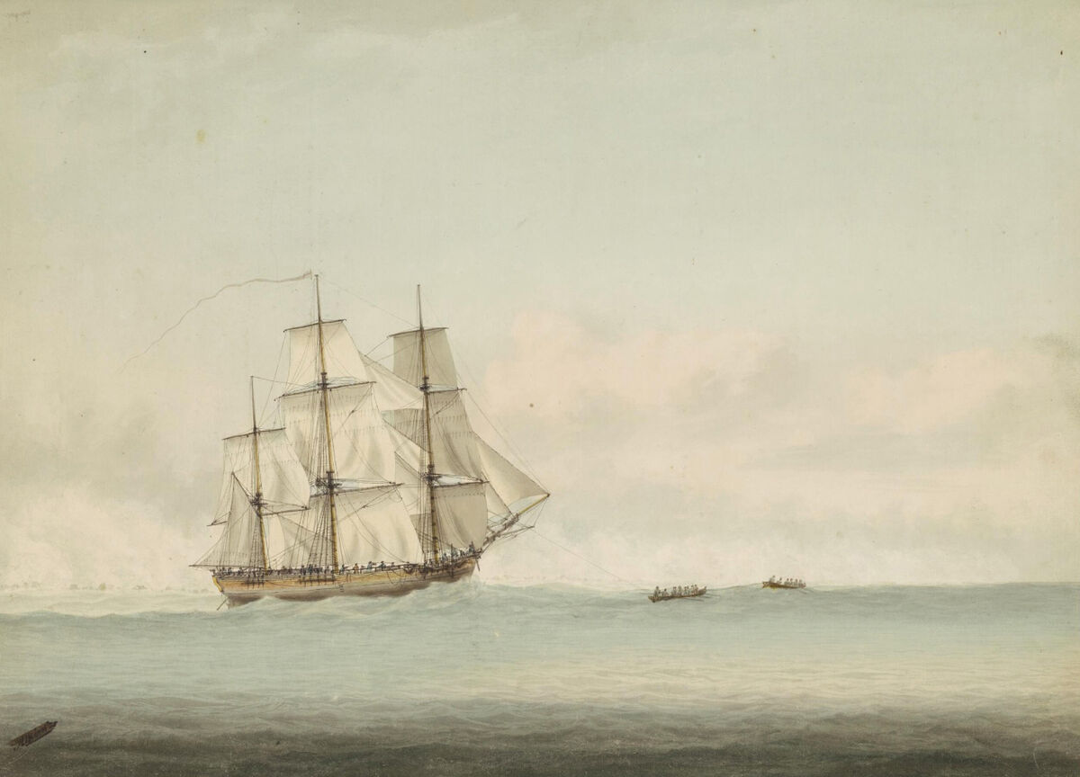 GFD 3/118: HMS Endeavour am Great Barrier Reef im Juni 1770 (Aquarell von Samuel Atkins, um 1794)