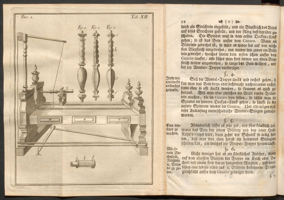 GFD 3/122: Drehbank (Bildtafel aus «Vollständiger Unterricht» von Johann Martin Teuber, 1769)
