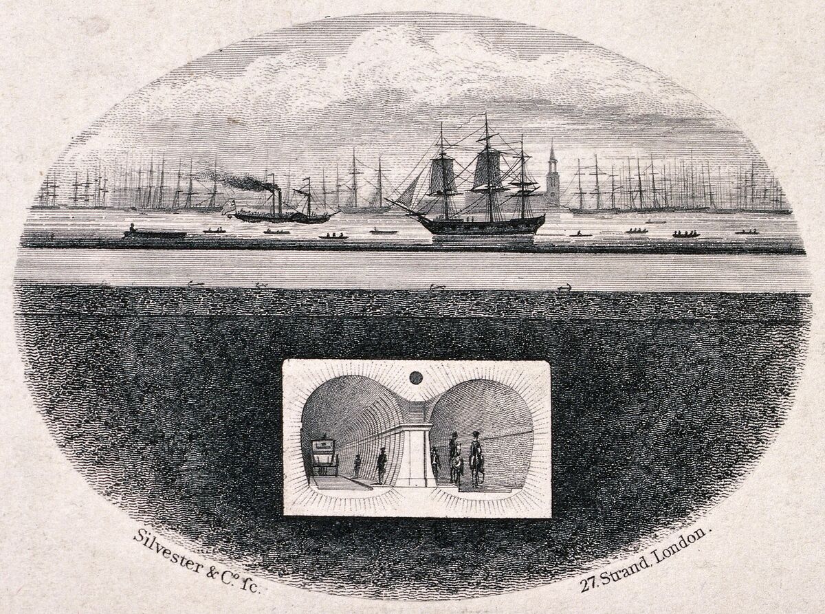 GFD 3/134: Querschnitt durch den Themsetunnel mit Schiffsverkehr auf der Themse (Stich von Sylvester & Co., 1830)