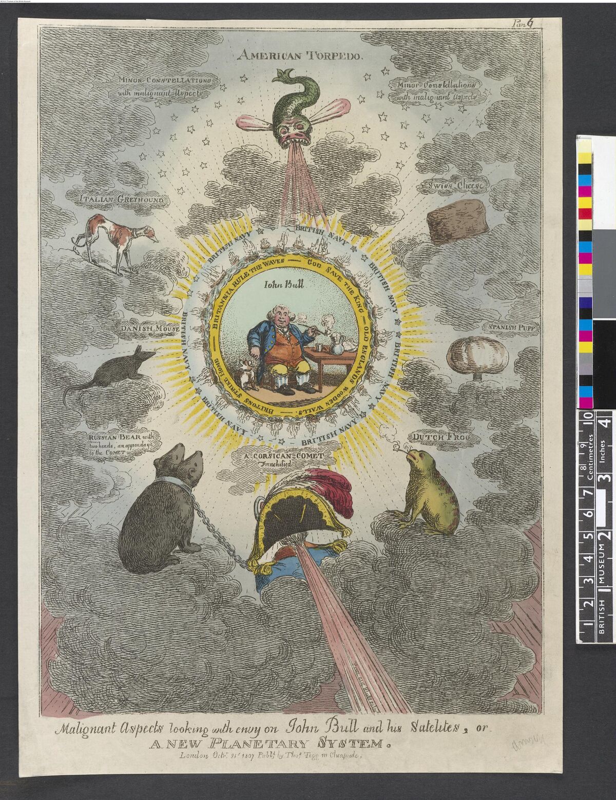 GFD 3/137: «Malignant aspects looking with envy on John Bull and his satelites, or a new planetary system», satirische Zeichnung über die Kontinentalsperre (Karikatur von Charles Williams, 1807)