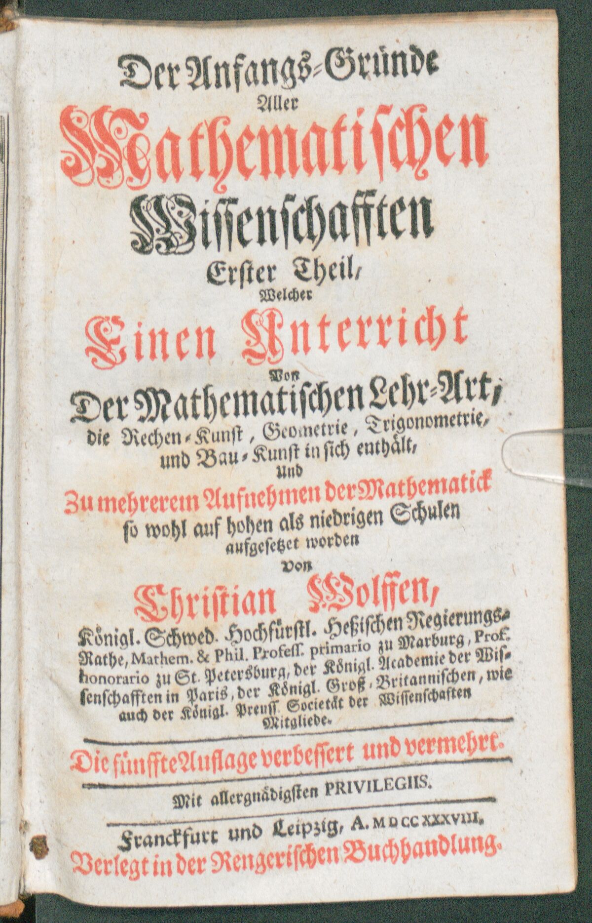 GFD 3/14: Titelblatt der «Anfangsgründe aller mathematischen Wissenschafften» von Christian Wolff, 1738