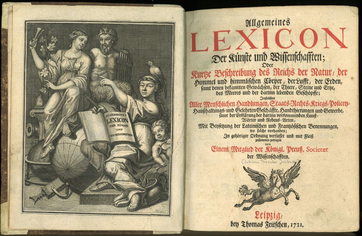 GFD 3/140: Frontispiz und Titelblatt aus «Allgemeines Lexicon der Künste und Wissenschaften» von Johann Theodor Jablonsky, 1721