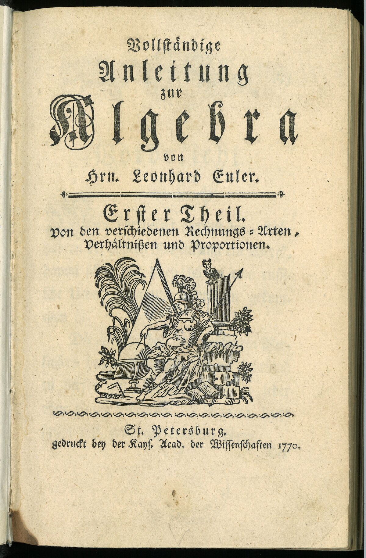 GFD 3/141: Titelblatt der «Vollständigen Anleitung zur Algebra» von Leonhard Euler, 1770