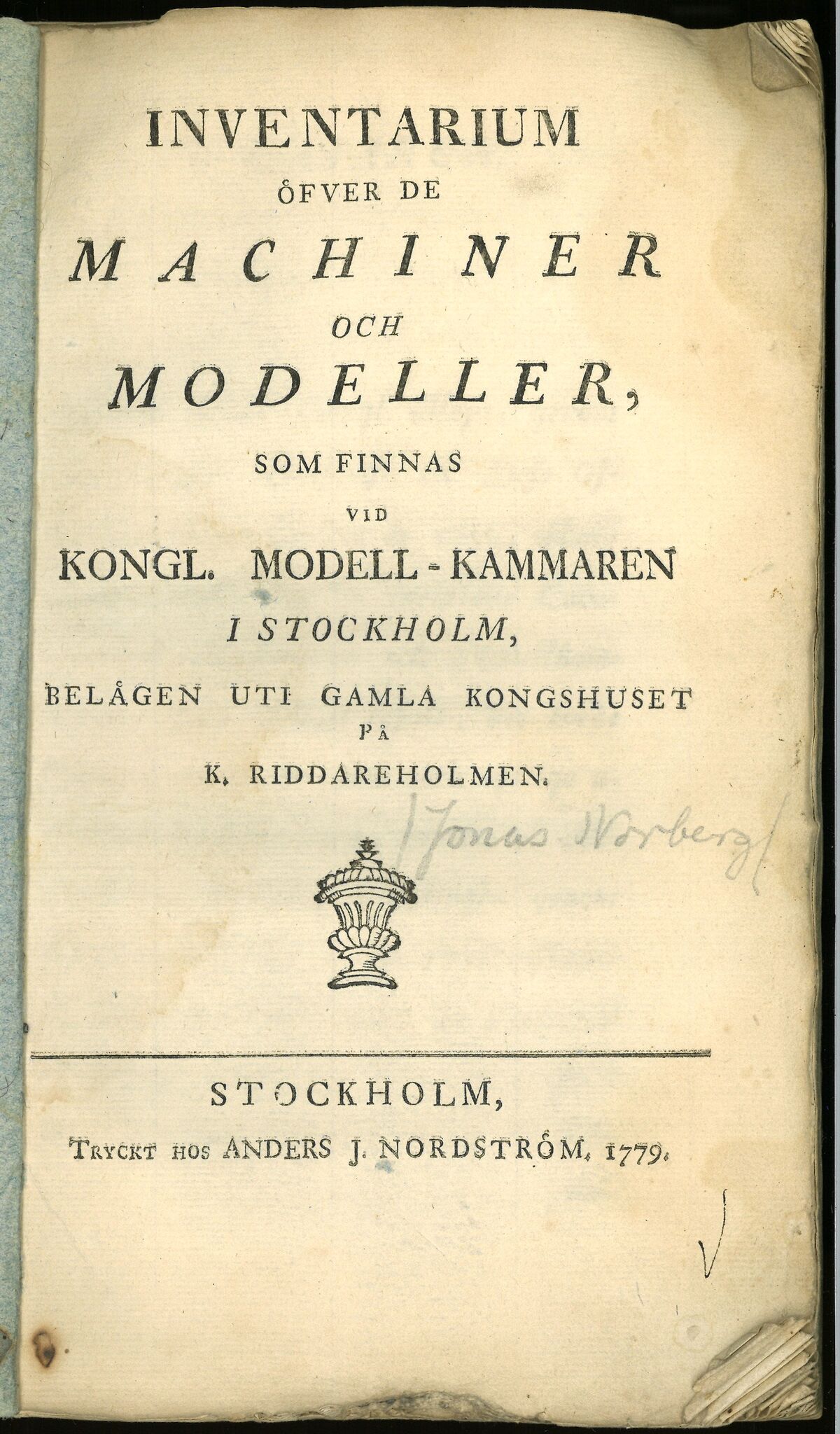 GFD 3/147: Titelblatt des Katalogs der Stockholmer Modellkammer, 1779