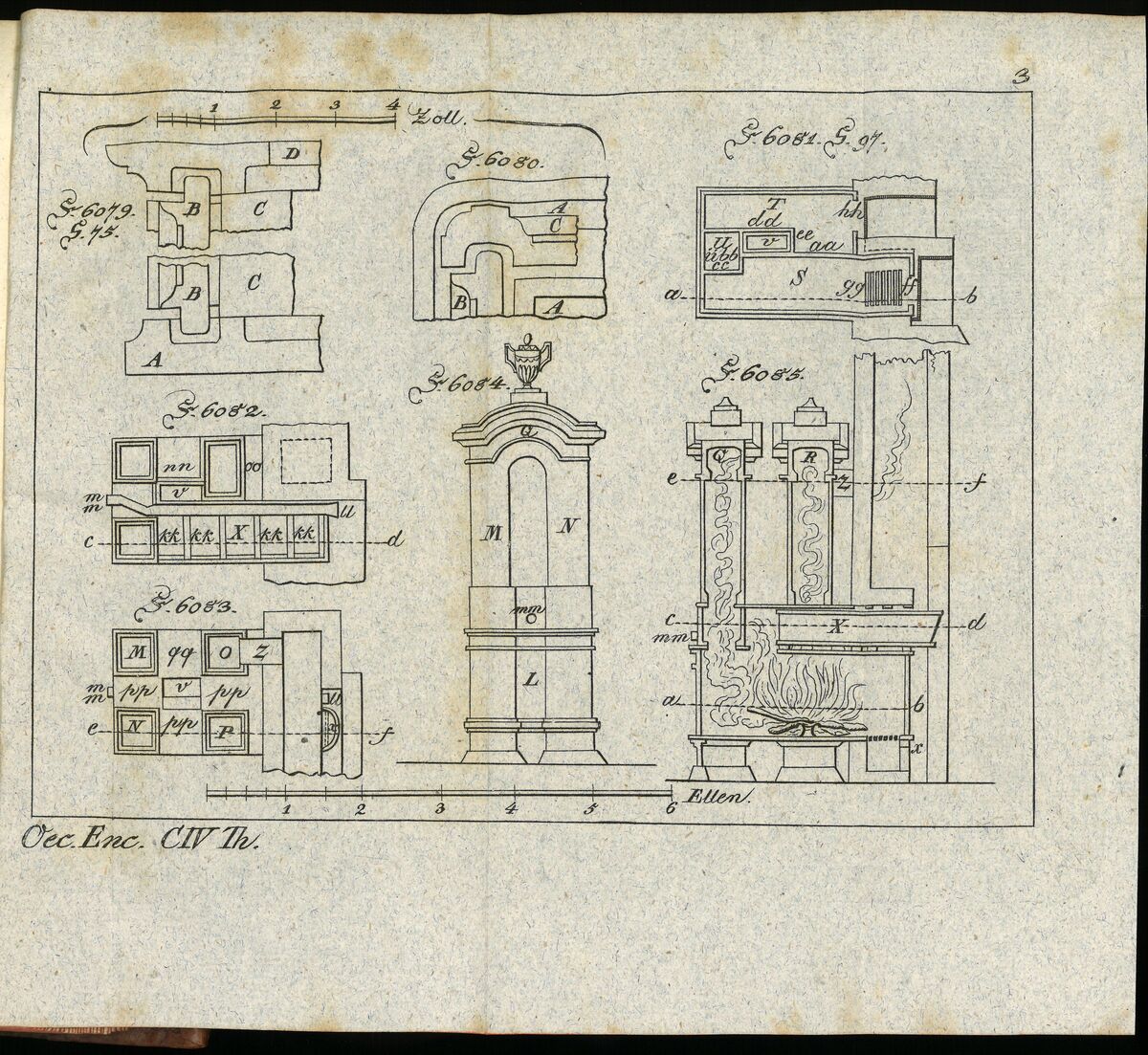 GFD 3/155: Das Innere und die allgemeine Form eines typischen Stubenofens (Bildtafel aus Krünitz, um 1800)