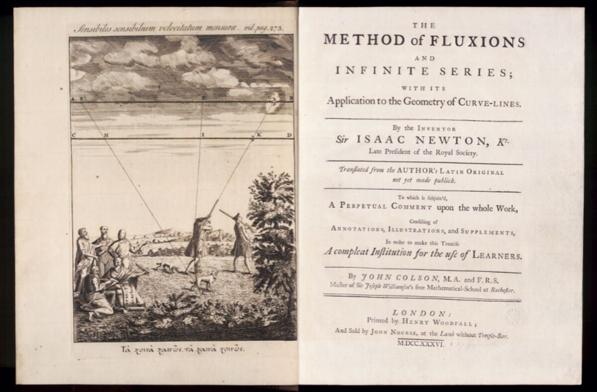 GFD 3/17: Frontispiz und Titelblatt der Erstausgabe von Isaac Newtons «Method of Fluxions» (Herausgeber war John Colson, 1736)