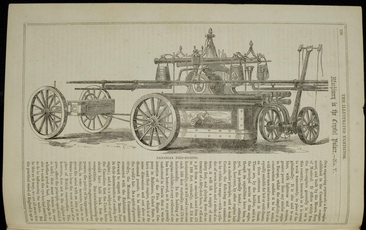 GFD 3/20: Illustration der kanadischen Feuerspritze im Ausstellungskatalog der Londoner Weltausstellung 1851 (Zeichner unbekannt)