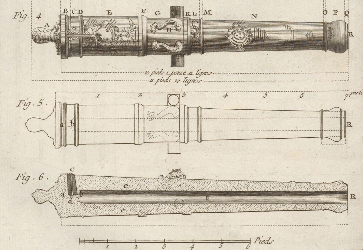 GFD 3/200: Das verschnörkelte Standarddesign einer französischen 12-Pfund-Kanone nach dem de-Vallière-System (Bildtafel aus Encyclopédie, 1765)