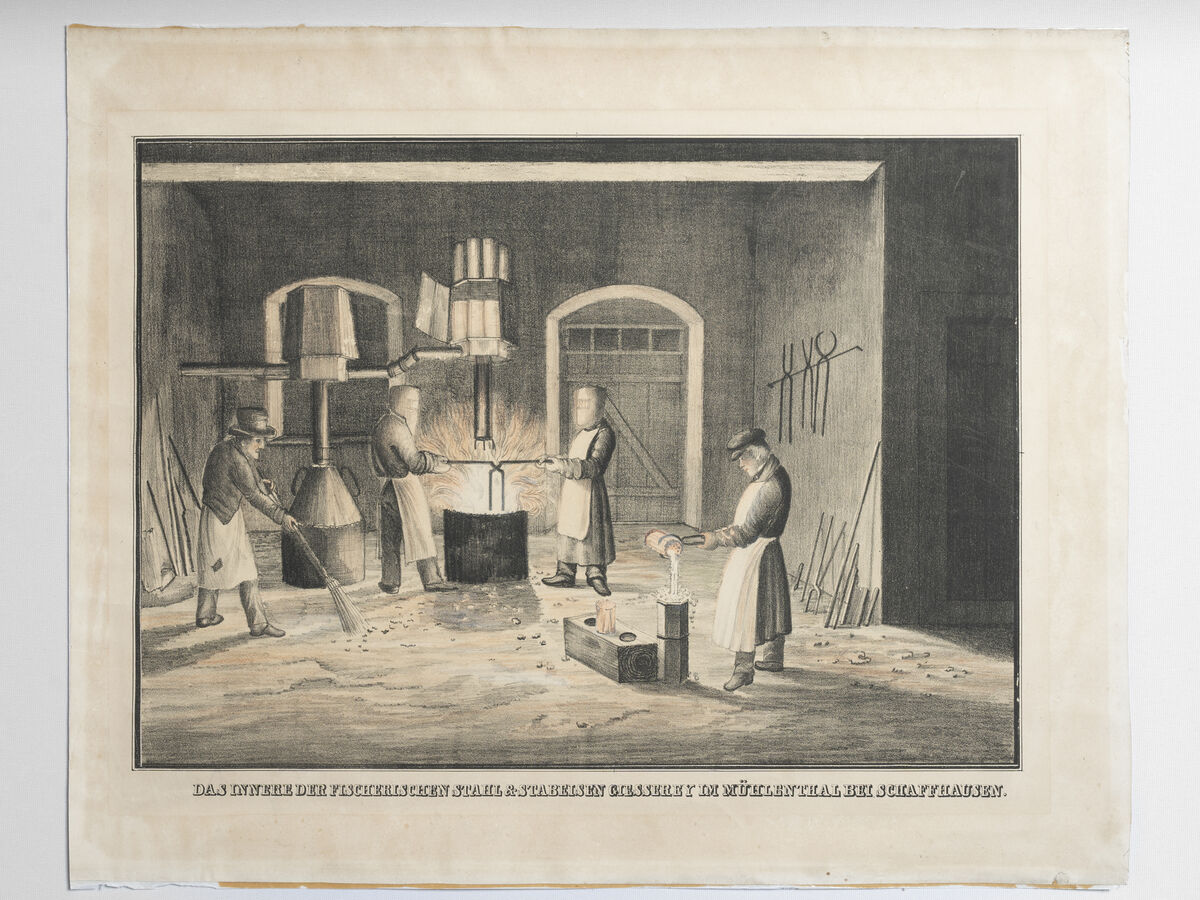 GFD 3/202: Hier entsteht Fischers Stahl: Blick in die Stahlgiesserei von Johann Conrad Fischer (kolorierter Stich von Johann Jacob Beck, um 1835–1840)