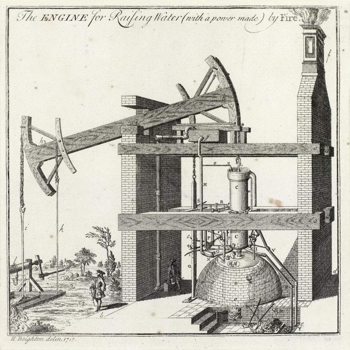 GFD 3/219: Newcomens Atmosphärische Dampfmaschine (Stich nach Henry Beighton, 1717)
