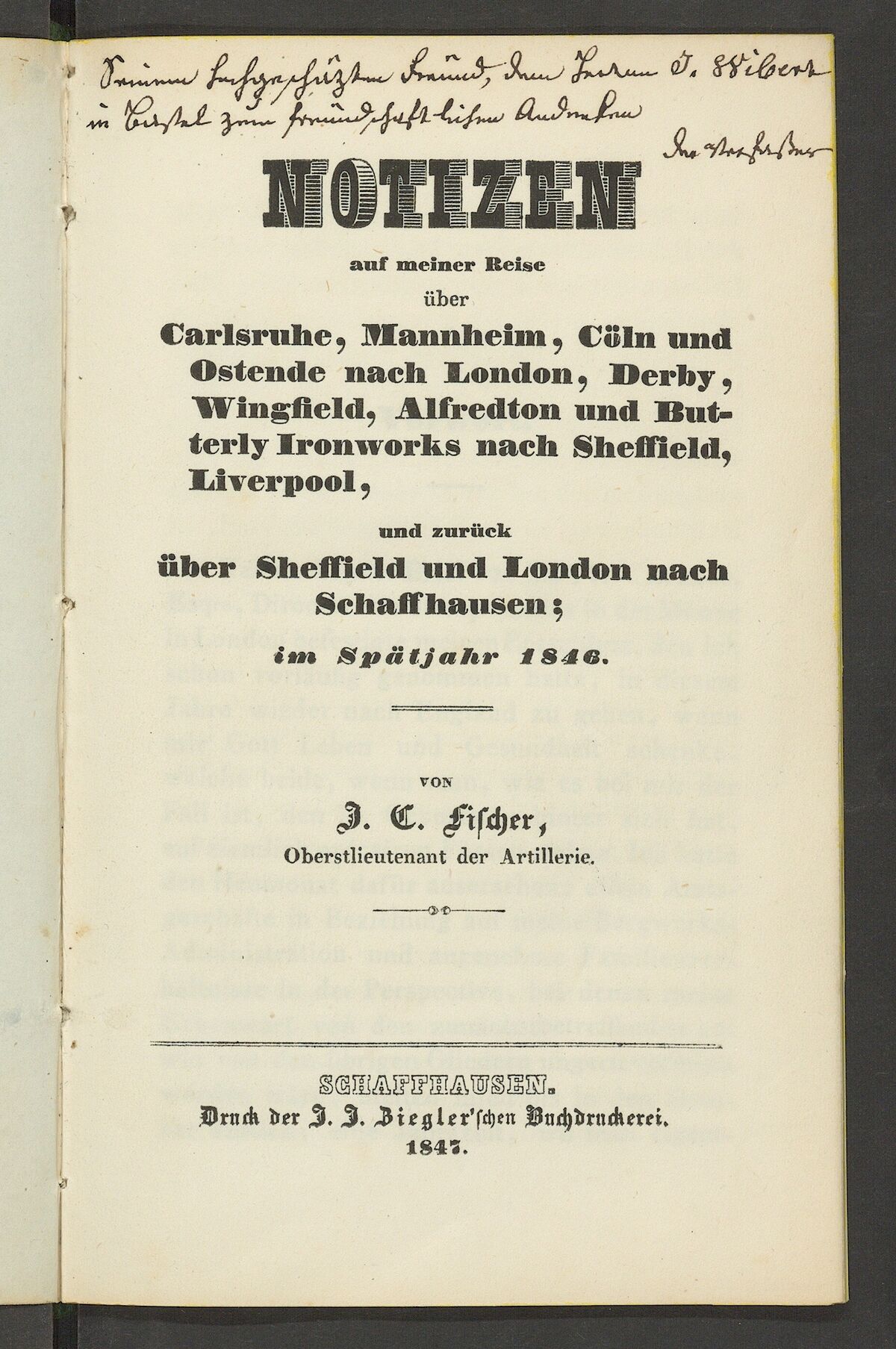 GFD 3/226: Title page of Fischer’s 1846 travel journal