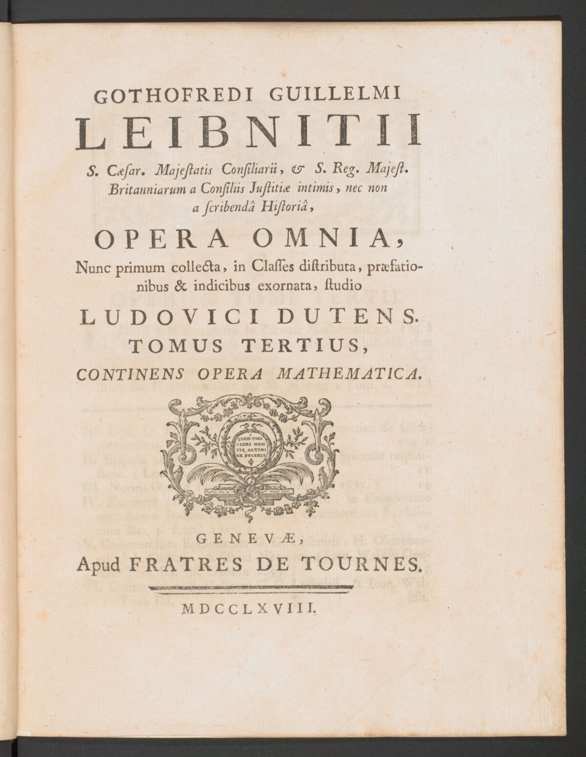 GFD 3/23: Titelblatt einer Ausgabe der «Opera Mathematica» – die Lehre vom Calculus infinitorum enthaltend – von Leibniz (Druck von Fratres de Tournes in Genf, 1768)
