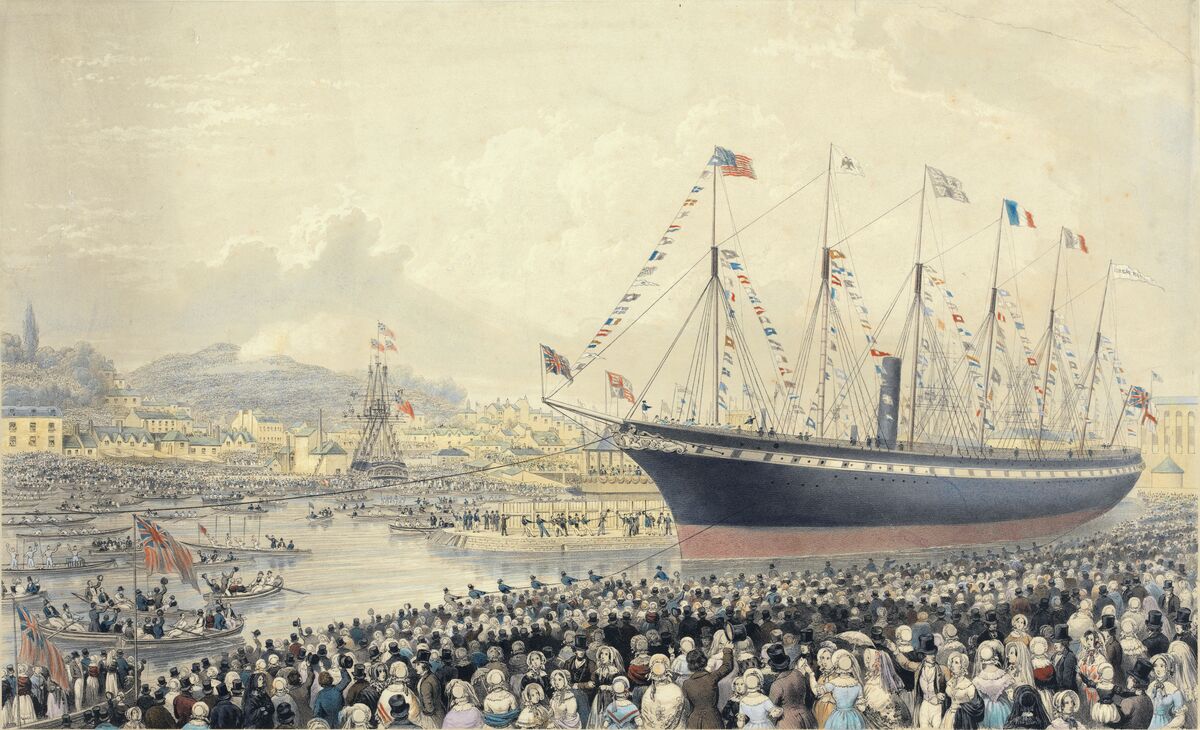 GFD 3/233: Stapellauf von Brunels Dampfschiff SS Great Britain im Jahr 1843 (handkolorierte Lithografie von Thomas Ashburton Picken nach Joseph Walter, 1846)
