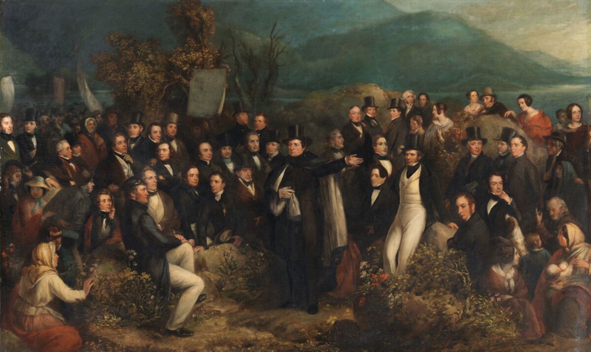 GFD 3/240: Daniel O’Connell, bedeutendster Unterstützer der katholischen Emanzipation, bei einem Monster Meeting 1843 in Clifden (Gemälde von Joseph Patrick Haverty, 1843)