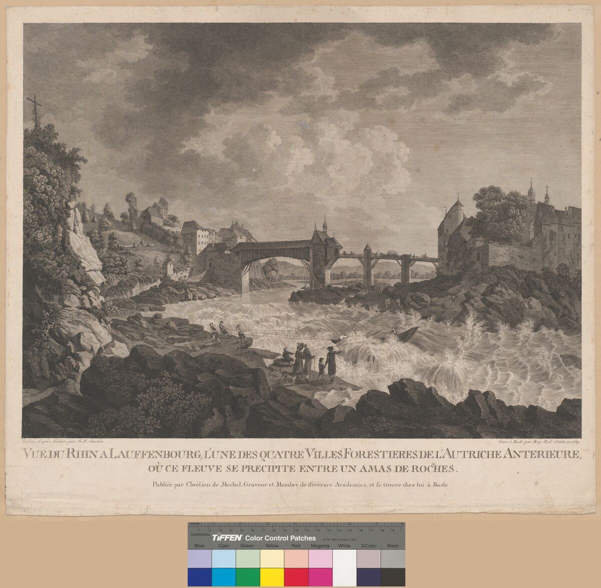 GFD 3/248: Ansicht des Rheins im felsigen Flussbett bei Laufenburg (Kupferstich von Benjamin-Rodolphe Comte, 1789)